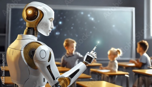 Futuristic humanoid robot teaching children at school. School of the future, artificial intelligence