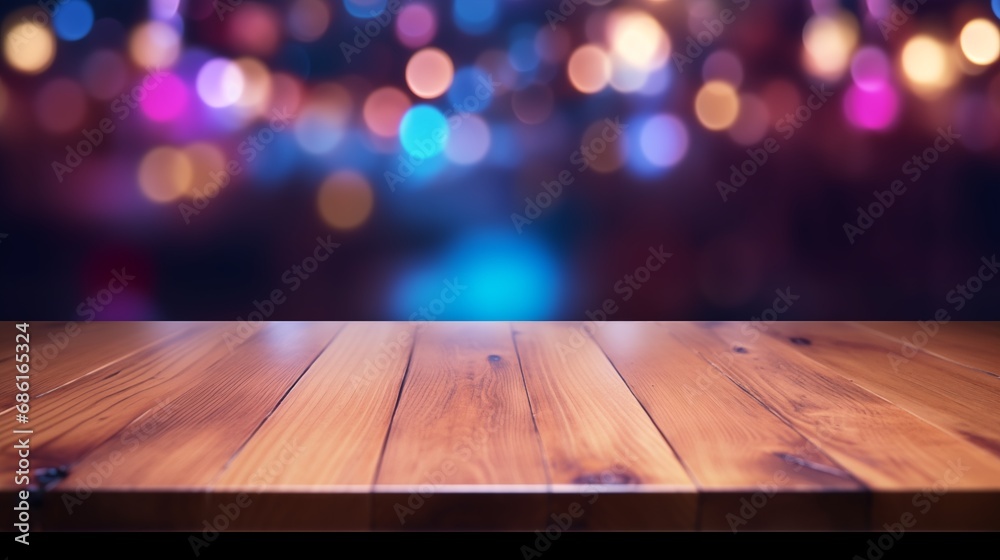Wooden table, blurred bokeh background background. Neon light, night view, close-up. The general background of the interior, a dark background. Wooden table, blurred bokeh background background. Neon light, night view, close-up. The general background of the interior, a dark background.