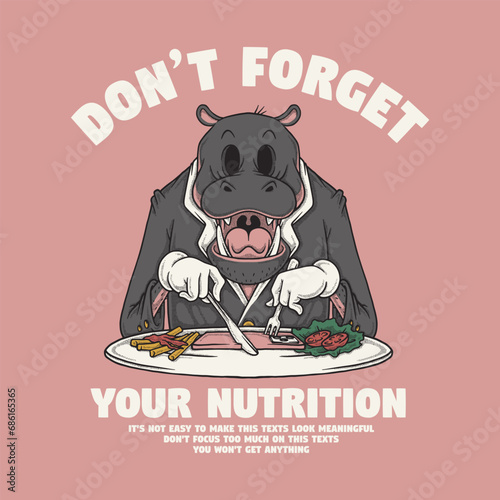 retro cartoon emblem of hippopotamus eating