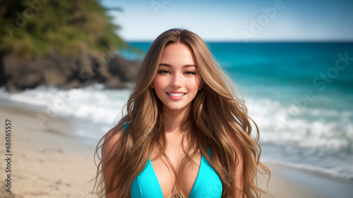 Sun-Kissed Charm: Captivating Portrait of a Young, Attractive, and Cute Blue-Eyed American Girl Smiling on the Beach