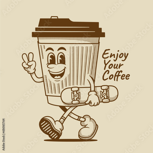 coffee cup character, retro cartoon mascot character