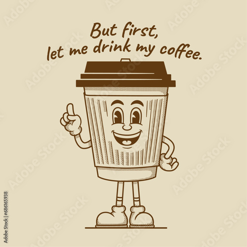 coffee cup character, retro cartoon mascot character