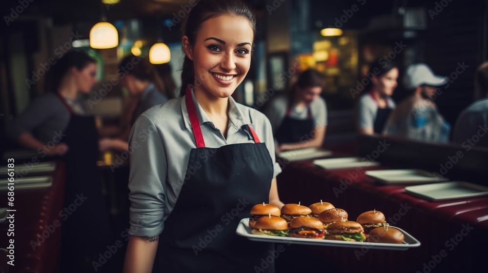 A friendly waitress holding a tray of burgers in a restaurant.