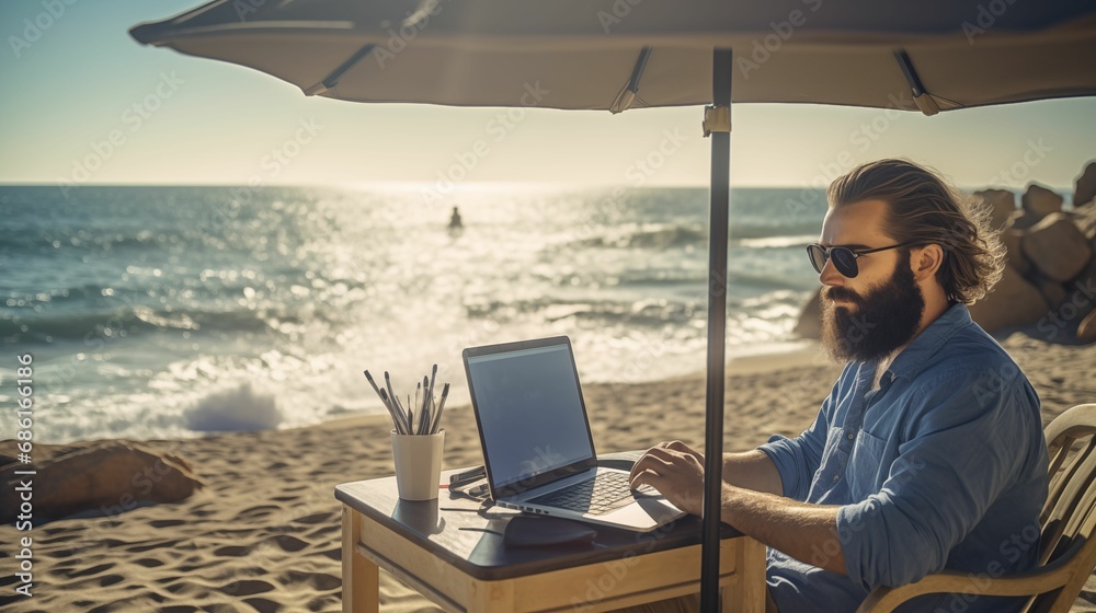A bearded freelancer with a laptop on the beach.