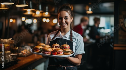 A friendly waitress holding a tray of burgers in a restaurant. photo