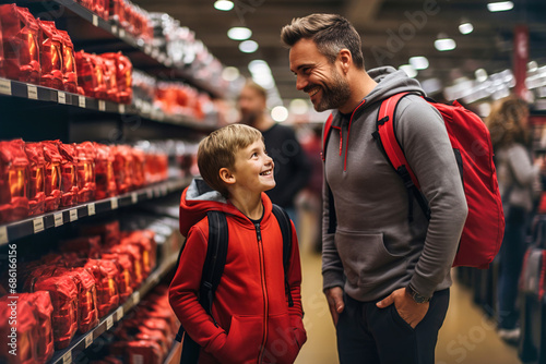 Father and little boy walking and looking around in big sports store. Many shelves with sport equipment and products. photo