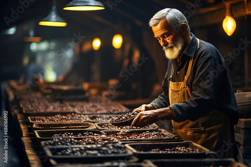 A man roasts coffee and holding a tray of hot coffee beans. Coffee production store.