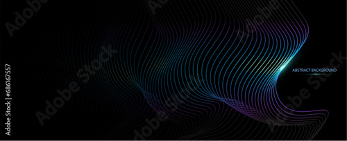 Vector wave lines pattern smooth curve flowing dynamic light isolated on black background  