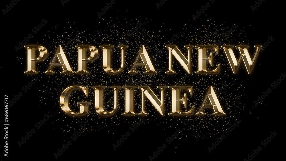 PAPUA NEW GUINEA Gold Text Effect on black background, Gold text with sparks, Gold Plated Text Effect, country name
