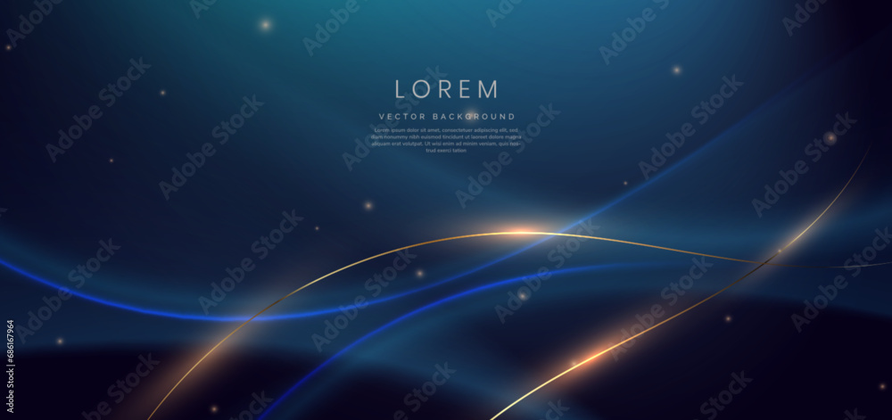 Fototapeta premium Luxury dark blue background with gold line curved and lighting effect sparkle.