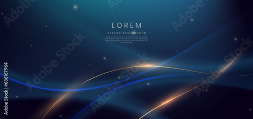 Luxury dark blue background with gold line curved and lighting effect sparkle.