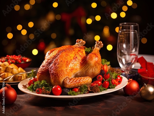 Christmas table served with a turkey, decorated with bright tinsel and candles Generative AI