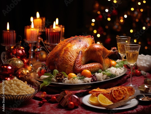 Christmas table served with a turkey, decorated with bright tinsel and candles Generative AI