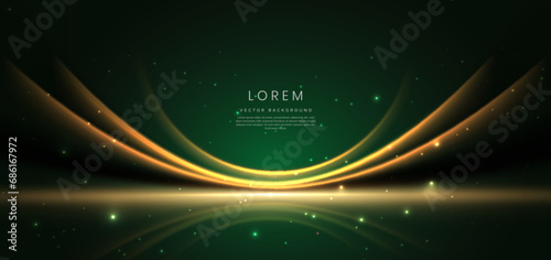 Abstract glowing gold curved element on dark green background with lighting effect glitter and sparkle with copy space for text.