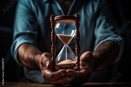 Hourglass in hands of a man on dark background. Time management concept. Close-up. Ai generative