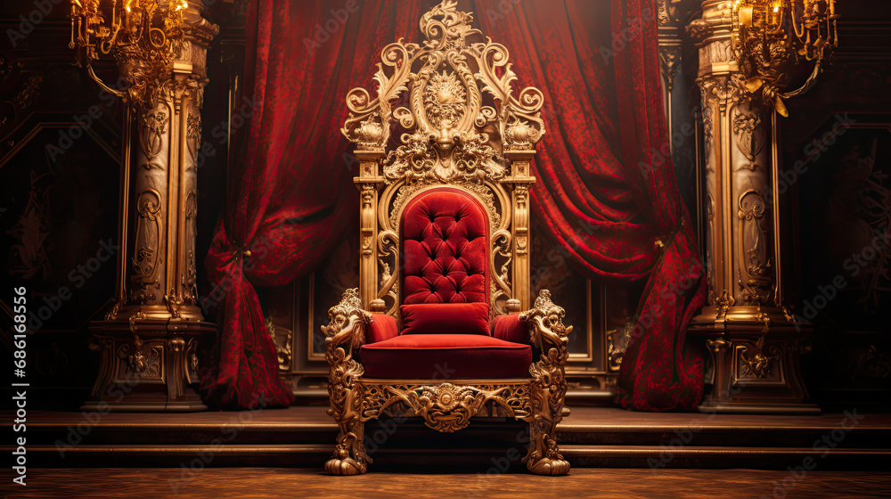 an old golden throne in front of red velvet curtains