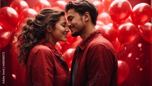 Happy young couple in love with heart shaped balloons on red background celebrating Valentine's Day