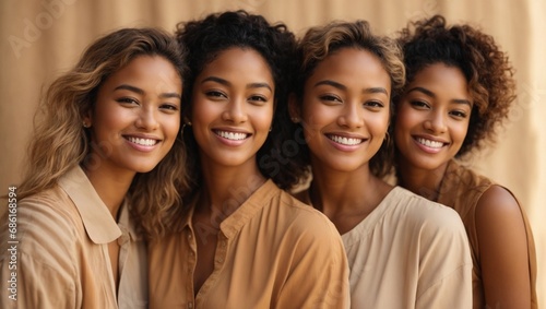 Group smiling diverse young multiracial women on beige isolated background