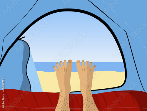 View from inside the camp to the marine landscape. Man tourist laying in the tent and taking picture of his feet at the background of beach outside.