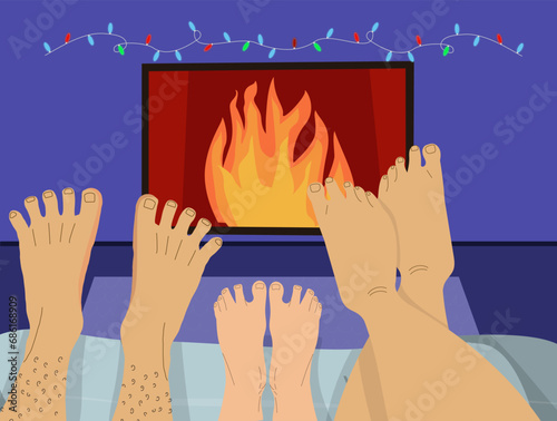 Family celebrating Christmas at home near the fireplace. Holiday concept of homey party with natives.