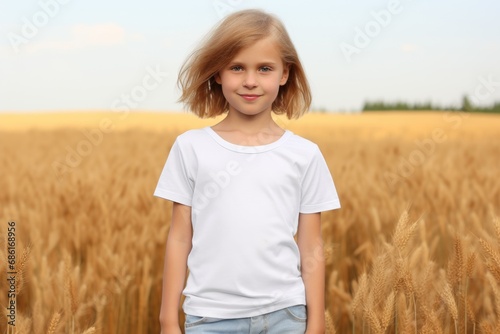 White blank t shirt mock up. Girl in spikelets field © dashtik