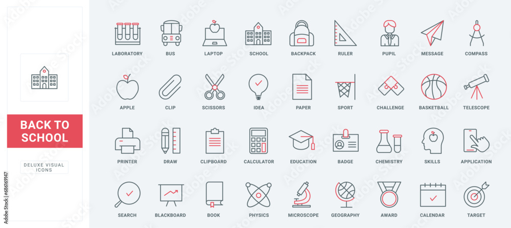 Back to school thin black and red line icons set vector illustration. Outline education and graduation symbols, pictograms of knowledge and study on class lesson, book and telescope, backpack and bus - obrazy, fototapety, plakaty 