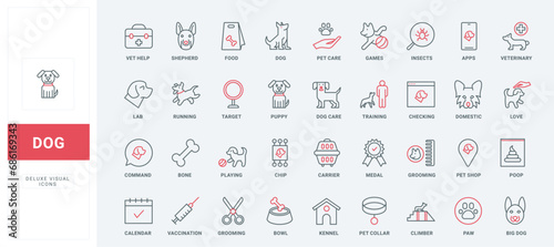 Dog care thin black and red line icons set vector illustration. Outline symbols of veterinarian help and training, vaccination calendar and chip of puppy, paw and medal of winner, vet store pictograms