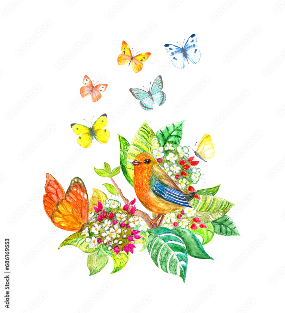 Fototapeta premium watercolor painting of bird on a branch of flowers.