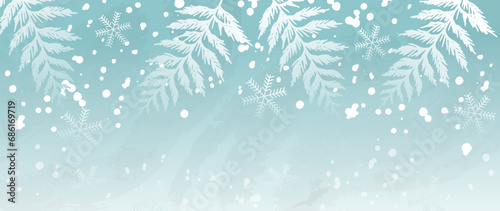 Winter seasonal background vector illustration. Christmas holiday snowfall, foliage, snowflake with watercolor texture. Design for poster, wallpaper, banner, card, decoration