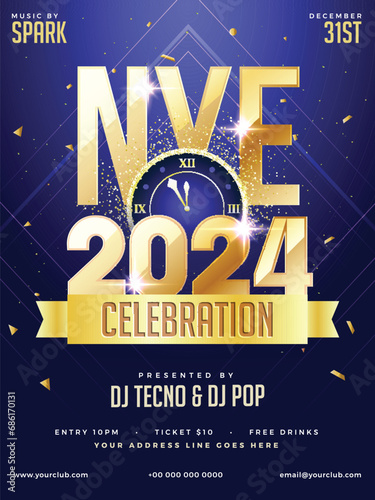 NYE (New Year Eve) 2024 Party Celebration Template Design with Time and Venue Details.
