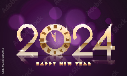 Golden 2024 Happy New Year Text with Wall Clock and Lights Effect Purple Background.