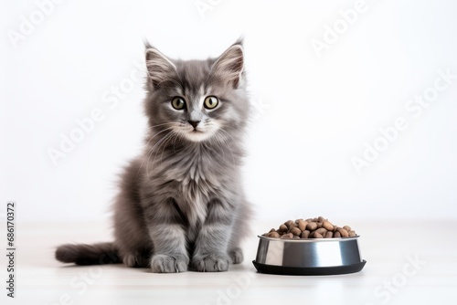 cat sitting with a heap bowl of cat food on white background.