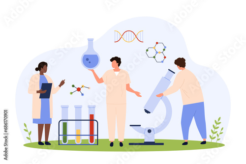 Laboratory research in chemistry, pharmacy and biotechnology vector illustration. Cartoon tiny people holding flask with sample for analysis by microscope, scientists test gene and molecular structure