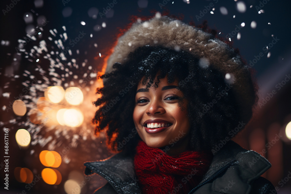 Magic christmas night with snow and fireworks made with Generative AI technology Magic christmas night with snow and fireworks made with Generative AI technology