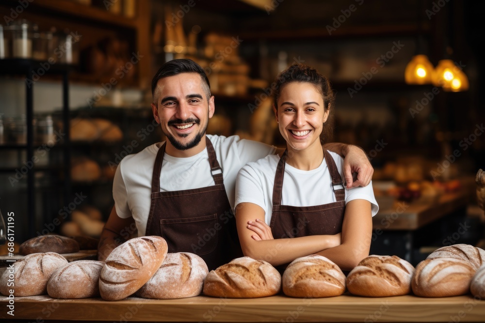 Fototapeta premium A happy bakery team in aprons works together to provide customers with fresh bread and pastries.