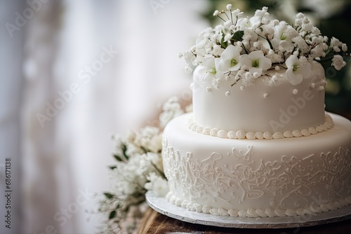 An elegant white wedding cake decorated with roses will be a beautiful and romantic decoration for your celebration.