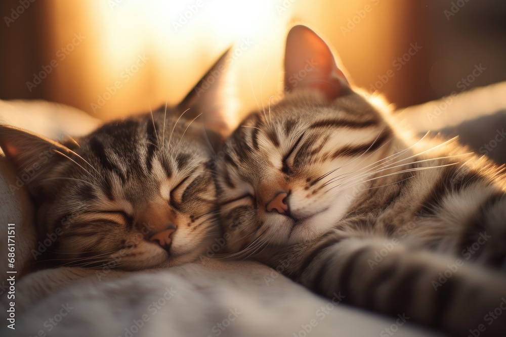 Cute kittens with fluffy tabby fur lie peacefully on a comfortable bed, creating an adorable scene.