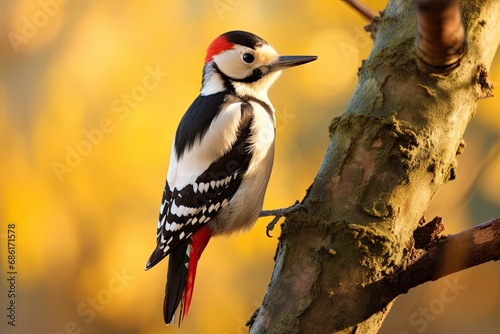 The Great Spotted Woodpecker, a colorful forest bird, sits on a tree, showing off its colorful beauty.