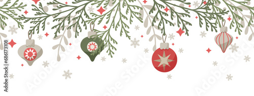 Christmas border with cute hanging decorations, Christmas tree branches and snowflakes.  Horizontal seamless pattern with winter holiday design elements. Vector illustration
