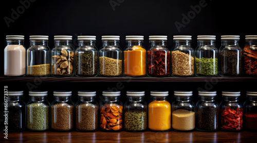 Fototapeta Naklejka Na Ścianę i Meble -  different types of spice in glass jars on a table and black background