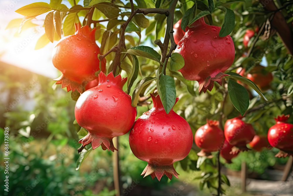 red pomegranate fruits on a tree in the garden red pomegranate fruits on a tree in the garden