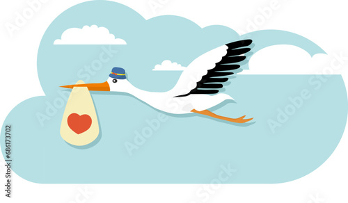 A stork carrying a baby in its beak, a child to the family. The stork brought you a child. Vector, cartoon illustration of a stork with a baby. Vector.