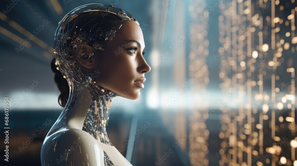 Pondering the future: The revolution of artificial intelligence, copy space - obrazy, fototapety, plakaty 