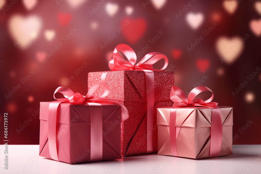 Three pink gift boxes with ribbon a background with hearts Three pink gift boxes with ribbon a background with hearts