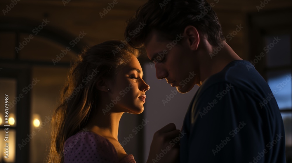 Close up photo of sensual young couple young man and woman in love with eyes down ready to kiss Close up photo of sensual young couple young man and woman in love with eyes down ready to kiss