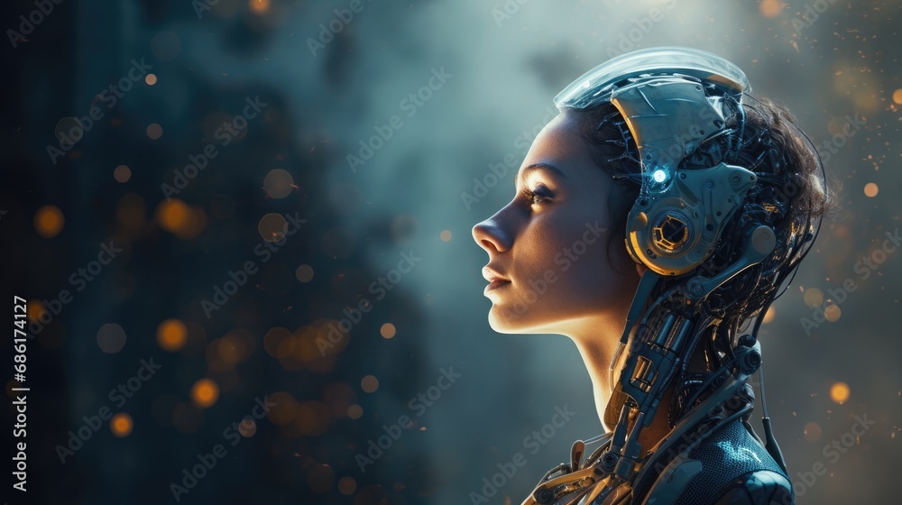 Pondering the future: The revolution of artificial intelligence, copy space - obrazy, fototapety, plakaty 