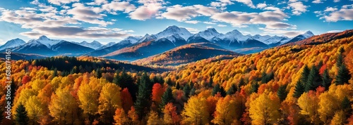 Beautiful panorama of autumn alpine mountains and forest in the foreground. Generative ai. photo