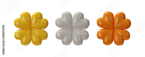 3D render metal clover set. Symbol of St. Patrick's Day in golden, silver and bronze colors. Irish culture shamrock. Traditional Celtic group of object for luck and success. Vector illustration