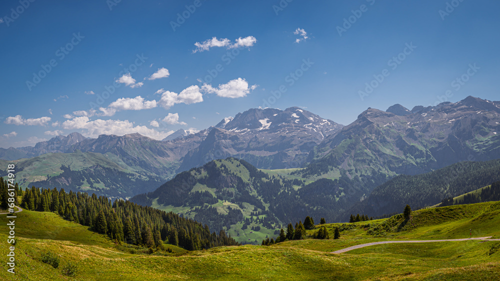 View of a mountain range in the Swiss Alps