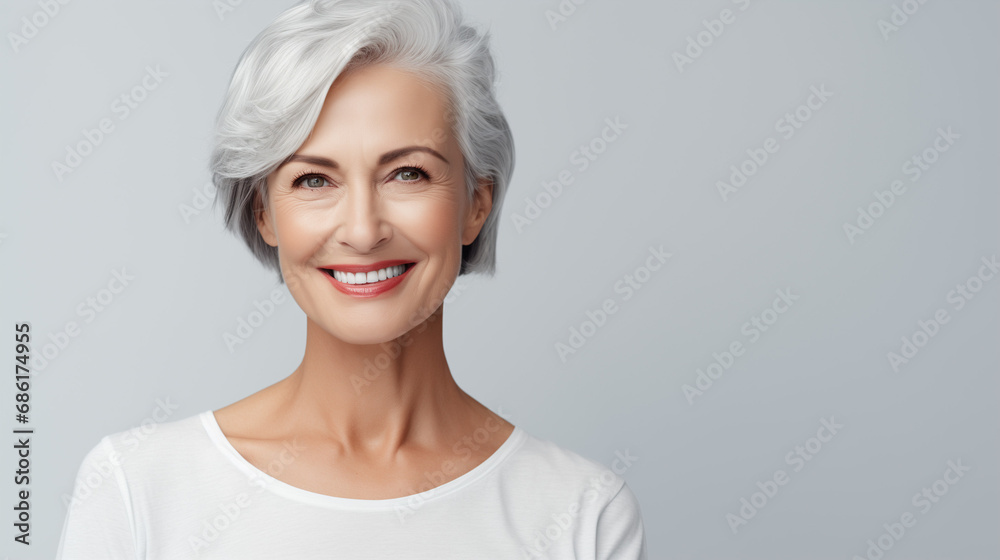 Adult woman with smooth healthy face skin. Beautiful aging mature woman with gray hair and happy smiling touch face. Beauty and cosmetics skincare advertising concept Adult woman with smooth healthy face skin. Beautiful aging mature woman with gray hair and happy smiling touch face. Beauty and cosmetics skincare advertising concept